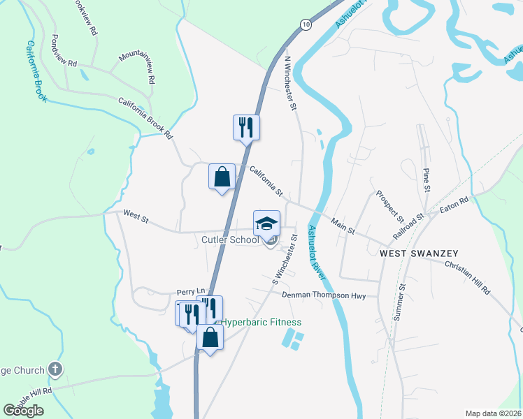 map of restaurants, bars, coffee shops, grocery stores, and more near 19 West Street in Swanzey