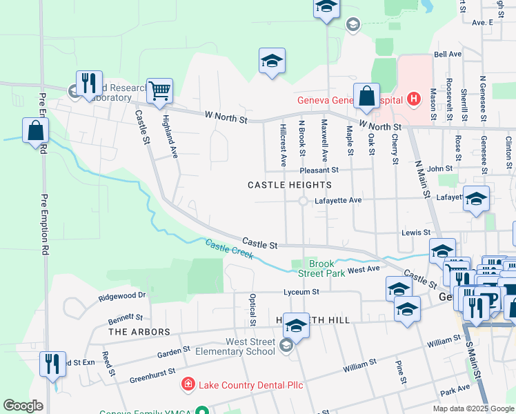 map of restaurants, bars, coffee shops, grocery stores, and more near 297 Lafayette Avenue in Geneva