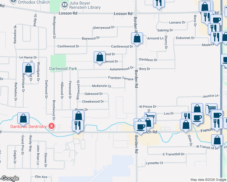 map of restaurants, bars, coffee shops, grocery stores, and more near 215 Sprucewood Drive in Buffalo