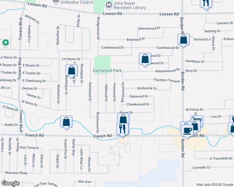 map of restaurants, bars, coffee shops, grocery stores, and more near 36 Penwood Drive in Buffalo