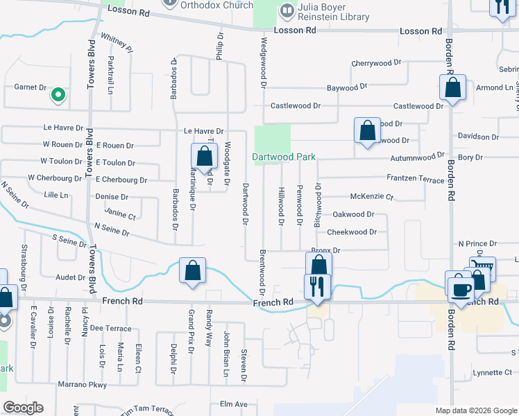 map of restaurants, bars, coffee shops, grocery stores, and more near 81 Dartwood Drive in Cheektowaga