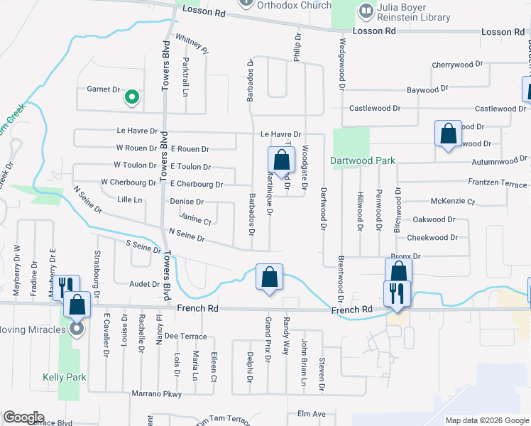 map of restaurants, bars, coffee shops, grocery stores, and more near 23 Martinique Drive in Buffalo