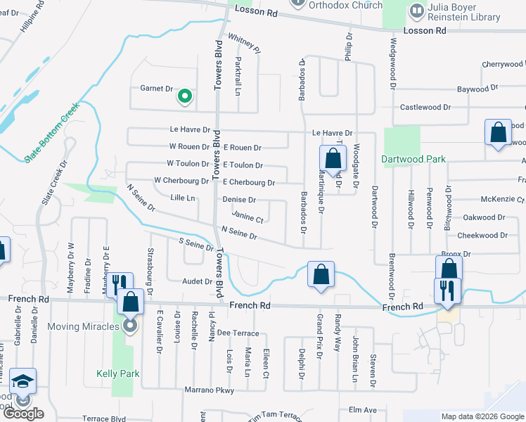 map of restaurants, bars, coffee shops, grocery stores, and more near 50 Janine Court in Buffalo