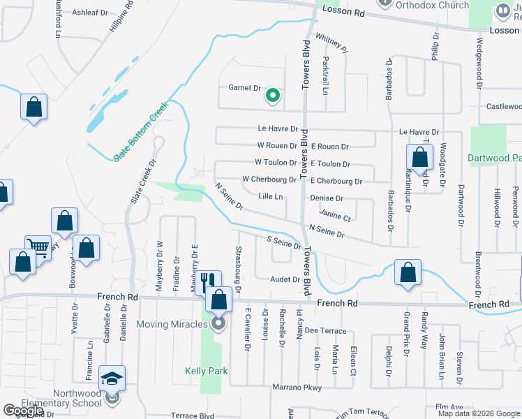 map of restaurants, bars, coffee shops, grocery stores, and more near 119 North Seine Drive in Buffalo
