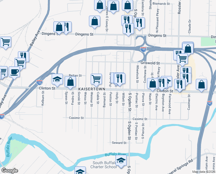 map of restaurants, bars, coffee shops, grocery stores, and more near in Buffalo