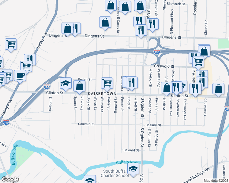map of restaurants, bars, coffee shops, grocery stores, and more near in Buffalo