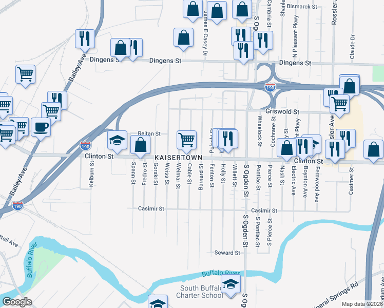map of restaurants, bars, coffee shops, grocery stores, and more near in Buffalo