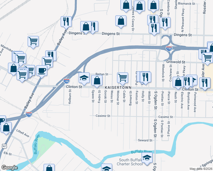 map of restaurants, bars, coffee shops, grocery stores, and more near 1799 Clinton Street in Buffalo