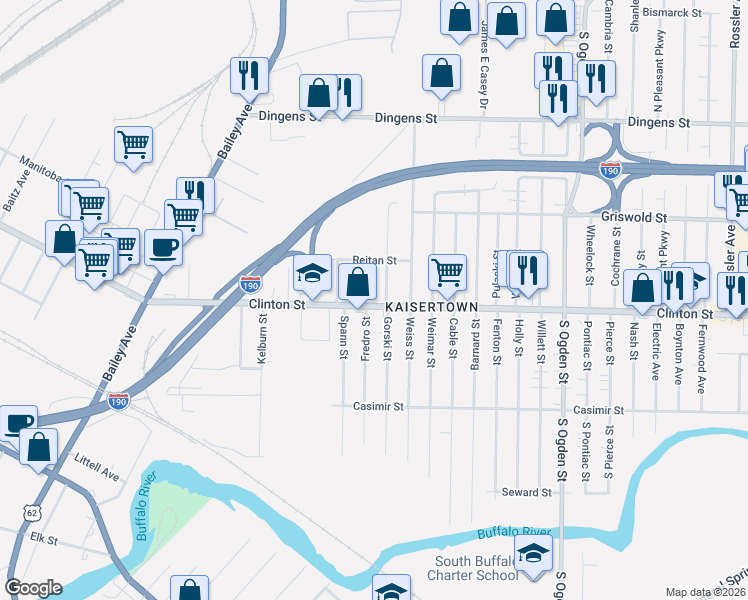 map of restaurants, bars, coffee shops, grocery stores, and more near in Buffalo
