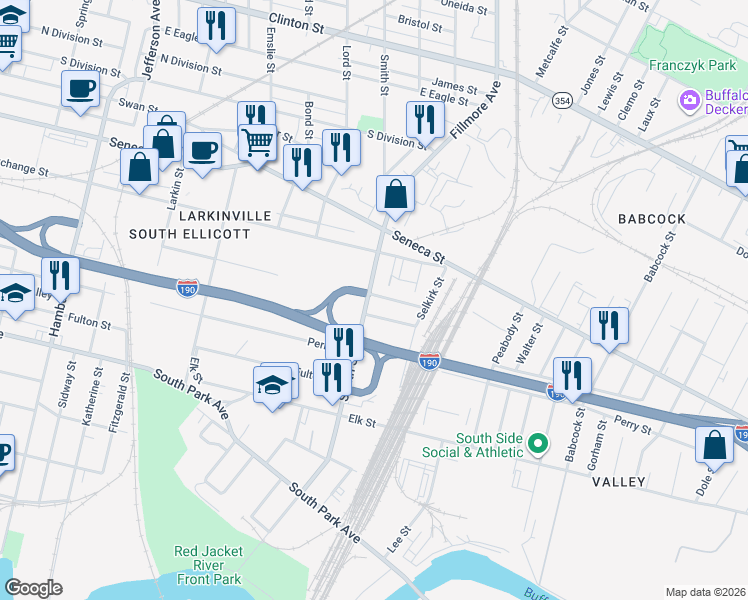 map of restaurants, bars, coffee shops, grocery stores, and more near 11 Clifford Street in Buffalo