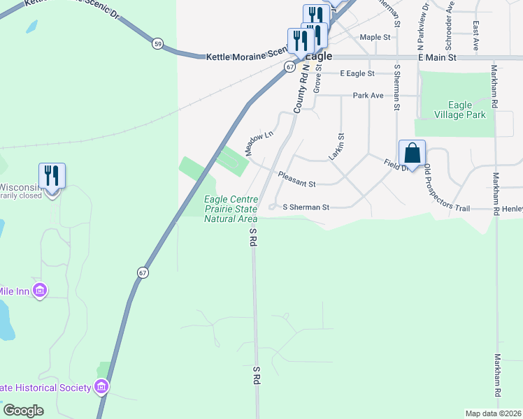 map of restaurants, bars, coffee shops, grocery stores, and more near W367S9594 South Road in Eagle