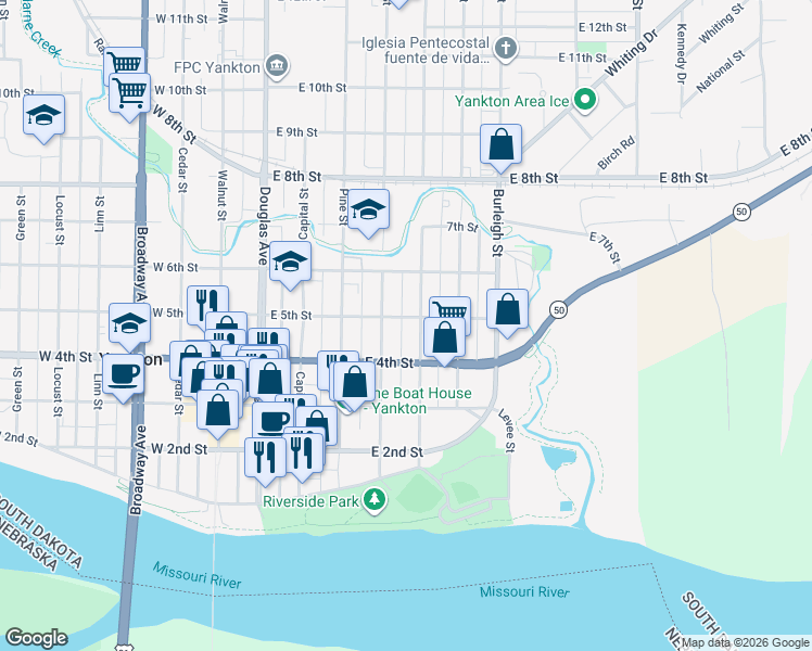 map of restaurants, bars, coffee shops, grocery stores, and more near 401-499 Pearl St in Yankton