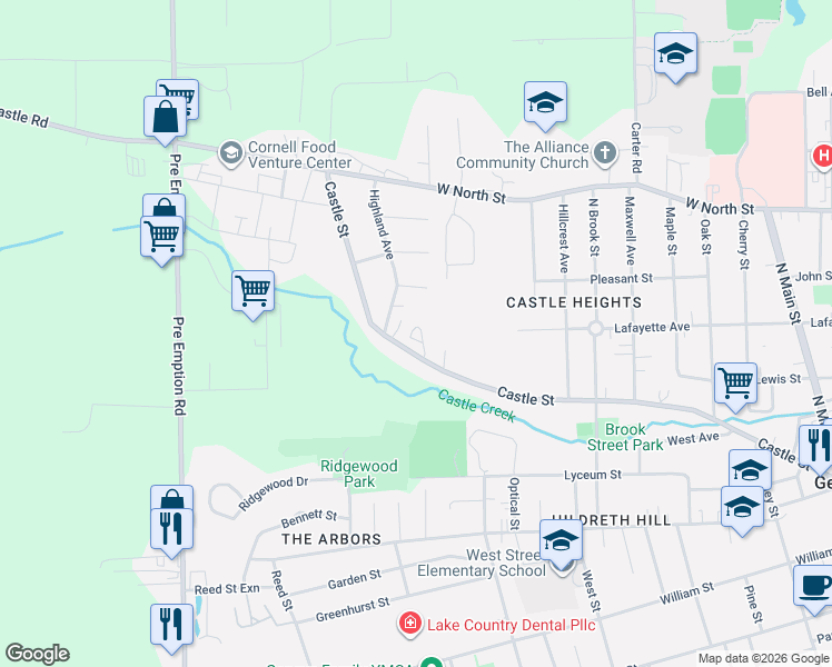 map of restaurants, bars, coffee shops, grocery stores, and more near 603 Castle Street in Geneva