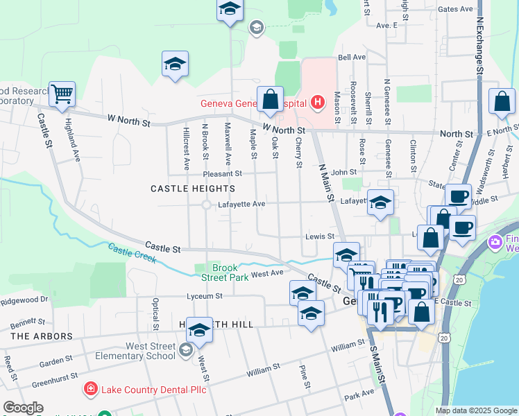 map of restaurants, bars, coffee shops, grocery stores, and more near 169 Lafayette Avenue in Geneva