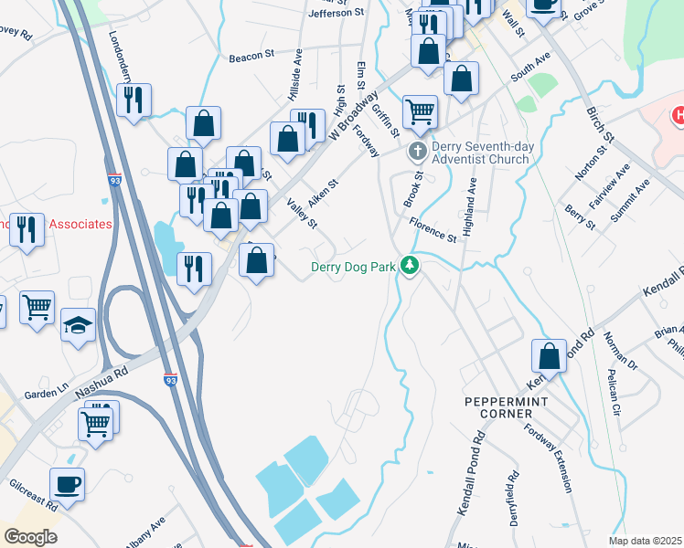 map of restaurants, bars, coffee shops, grocery stores, and more near 17 Stonegate Lane in Derry