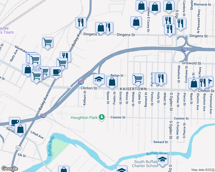 map of restaurants, bars, coffee shops, grocery stores, and more near 136 Spann Street in Buffalo