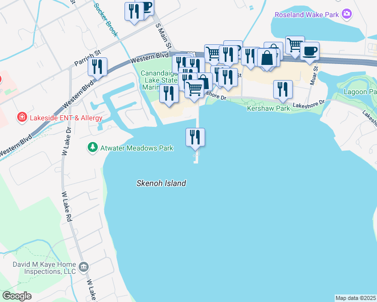 map of restaurants, bars, coffee shops, grocery stores, and more near 3 City Pier in Canandaigua