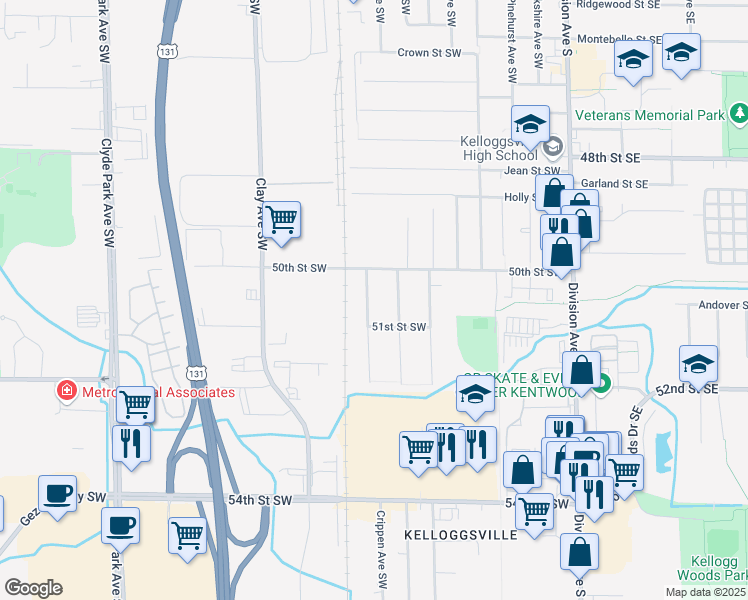 map of restaurants, bars, coffee shops, grocery stores, and more near 5038 Carson Avenue Southwest in Grand Rapids