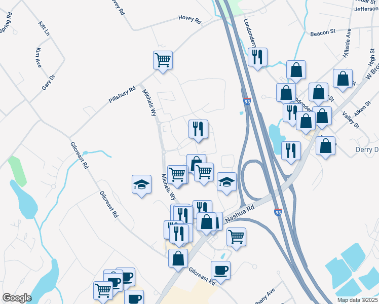 map of restaurants, bars, coffee shops, grocery stores, and more near 30 Main Street in Londonderry