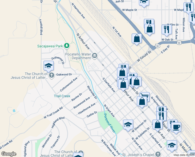 map of restaurants, bars, coffee shops, grocery stores, and more near 1692 North Garfield Annex in Pocatello