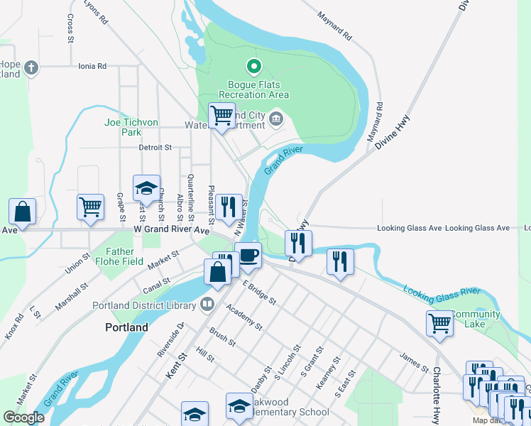 map of restaurants, bars, coffee shops, grocery stores, and more near Portland Riverwalk in Portland