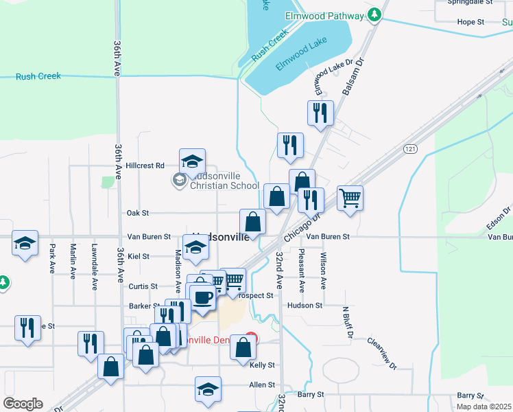 map of restaurants, bars, coffee shops, grocery stores, and more near 3293 Spring Street in Hudsonville