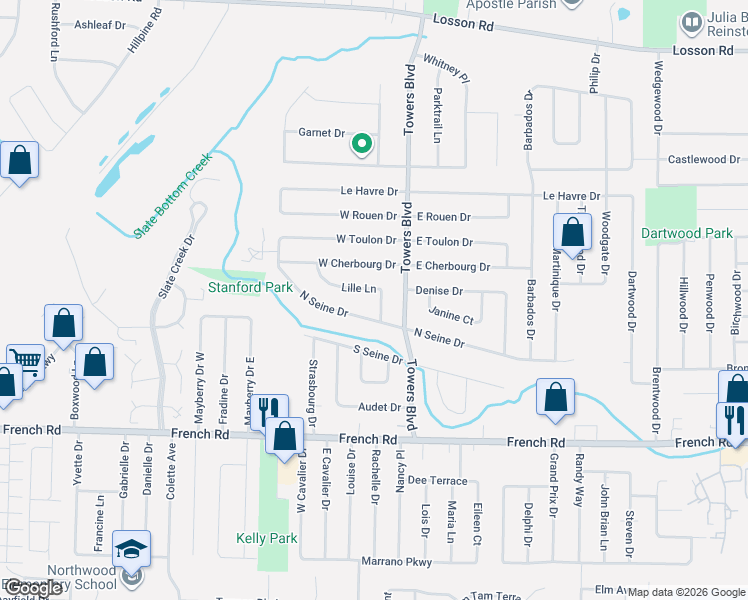 map of restaurants, bars, coffee shops, grocery stores, and more near 55 Lille Lane in Cheektowaga