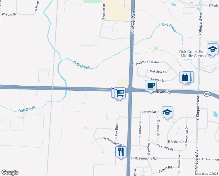 map of restaurants, bars, coffee shops, grocery stores, and more near 170 West Ryan Road in Oak Creek