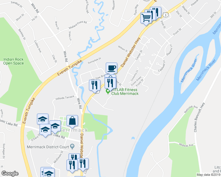 map of restaurants, bars, coffee shops, grocery stores, and more near 515 Daniel Webster Highway in Merrimack