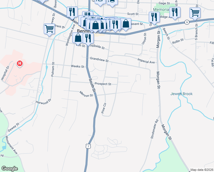 map of restaurants, bars, coffee shops, grocery stores, and more near 105 Norton Street in Bennington