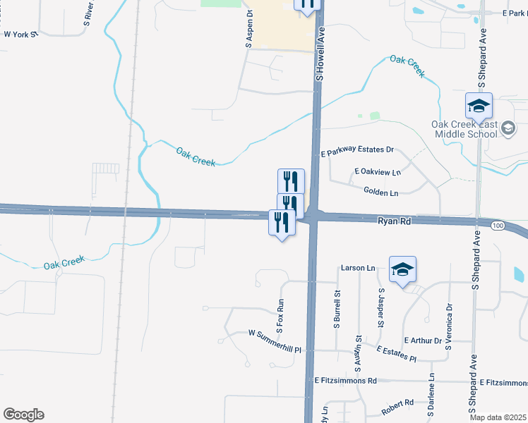 map of restaurants, bars, coffee shops, grocery stores, and more near 170 West Ryan Road in Oak Creek