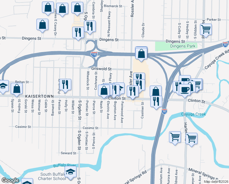 map of restaurants, bars, coffee shops, grocery stores, and more near 45 Willowlawn Parkway in Cheektowaga