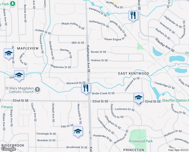 map of restaurants, bars, coffee shops, grocery stores, and more near 1627 Sunny Creek Street Southeast in Kentwood