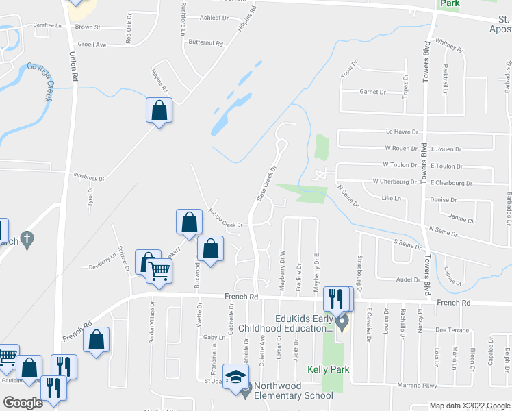 map of restaurants, bars, coffee shops, grocery stores, and more near 76 Slate Creek Drive in Cheektowaga