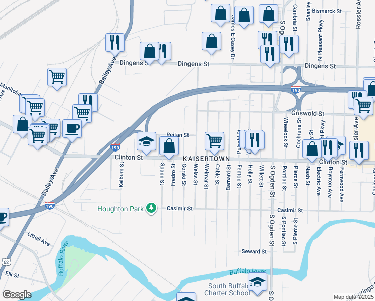 map of restaurants, bars, coffee shops, grocery stores, and more near 13 Krakow Street in Buffalo