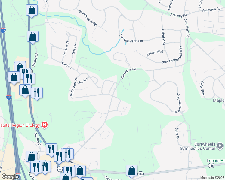 map of restaurants, bars, coffee shops, grocery stores, and more near 30 Saratoga Drive in Saratoga County