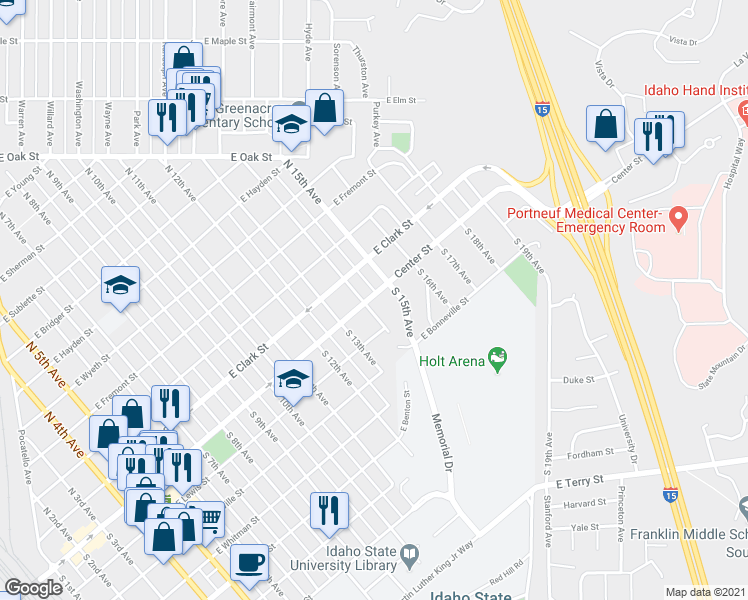 map of restaurants, bars, coffee shops, grocery stores, and more near 131 North 15th Avenue in Pocatello