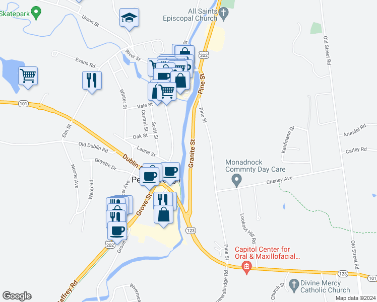 map of restaurants, bars, coffee shops, grocery stores, and more near 17 Granite Street in Peterborough