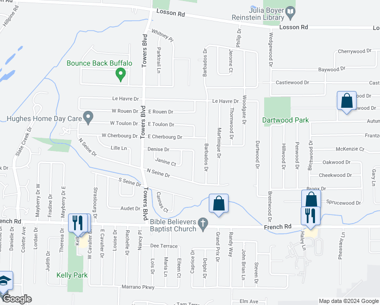 map of restaurants, bars, coffee shops, grocery stores, and more near 79 East Cherbourg Drive in Buffalo