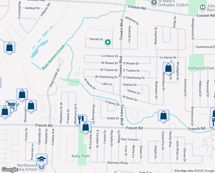 map of restaurants, bars, coffee shops, grocery stores, and more near 55 Lille Lane in Cheektowaga