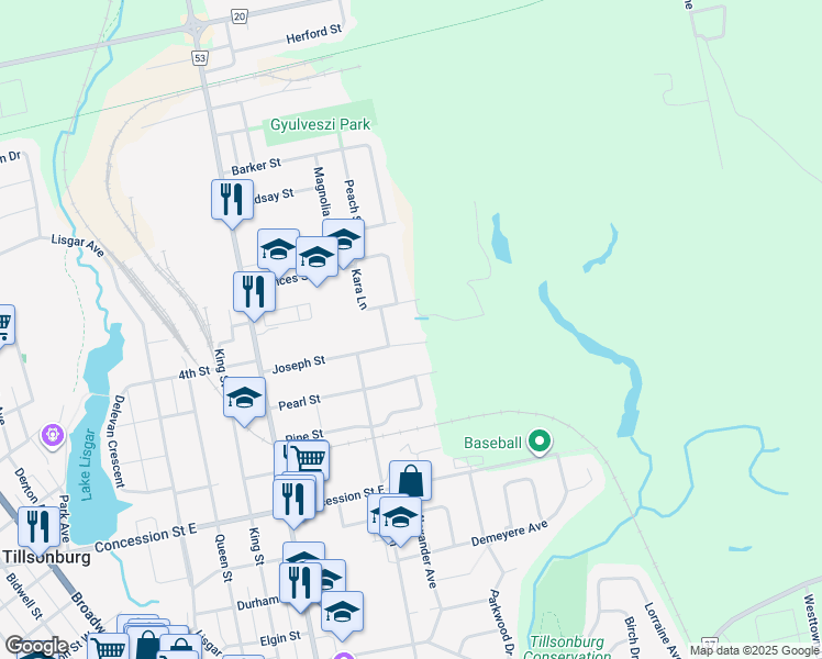 map of restaurants, bars, coffee shops, grocery stores, and more near 89 Kara Lane in Tillsonburg