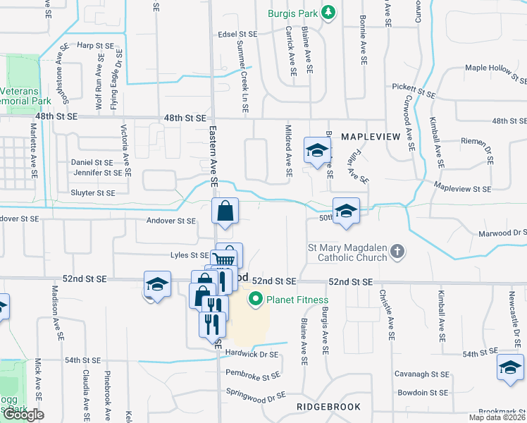 map of restaurants, bars, coffee shops, grocery stores, and more near 920 Sluyter Street Southeast in Kentwood