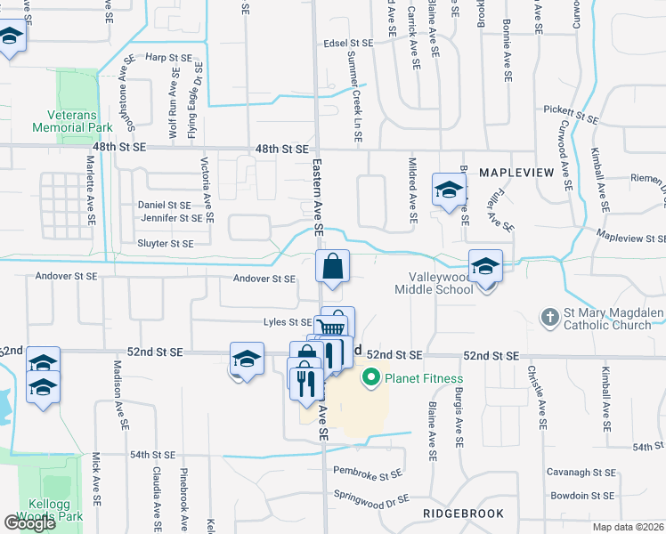 map of restaurants, bars, coffee shops, grocery stores, and more near 5006 Eastern Avenue Southeast in Grand Rapids