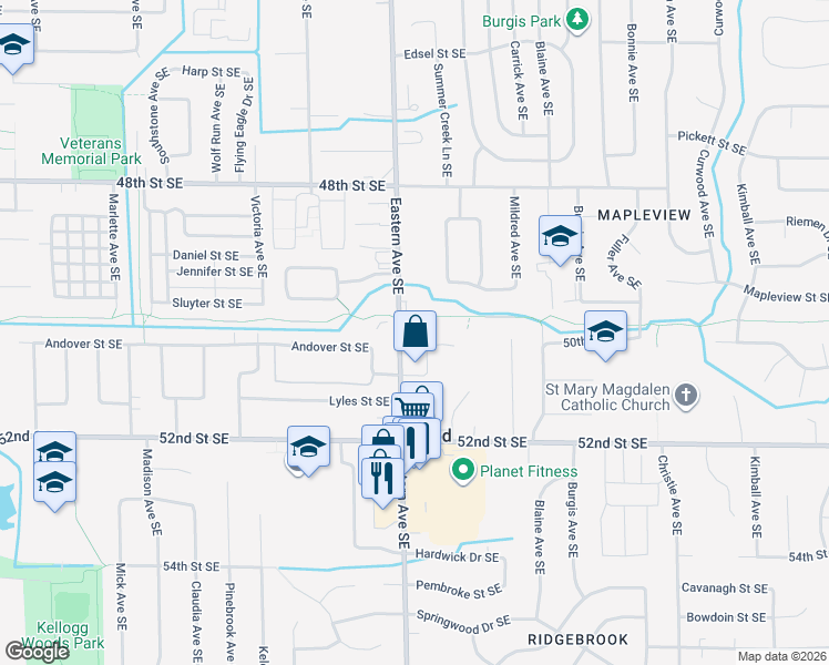 map of restaurants, bars, coffee shops, grocery stores, and more near 5006 Eastern Avenue Southeast in Grand Rapids
