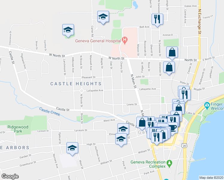 map of restaurants, bars, coffee shops, grocery stores, and more near 149 Lafayette Avenue in Geneva