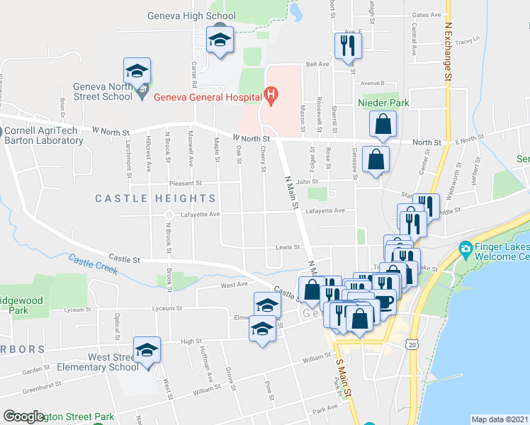 map of restaurants, bars, coffee shops, grocery stores, and more near Lafayette Ave & Cherry St in Geneva