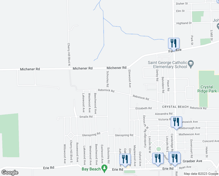 map of restaurants, bars, coffee shops, grocery stores, and more near 106 Schooley Road in Fort Erie