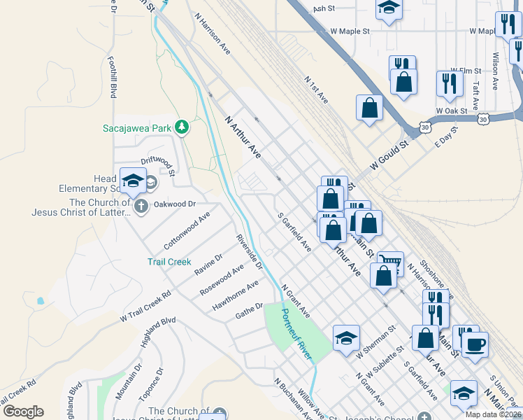 map of restaurants, bars, coffee shops, grocery stores, and more near 1692 North Garfield Annex in Pocatello