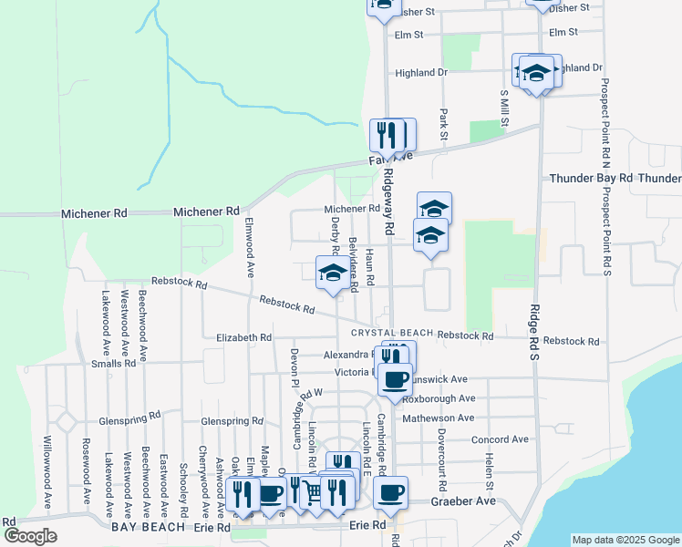 map of restaurants, bars, coffee shops, grocery stores, and more near 110 Derby Road in Fort Erie