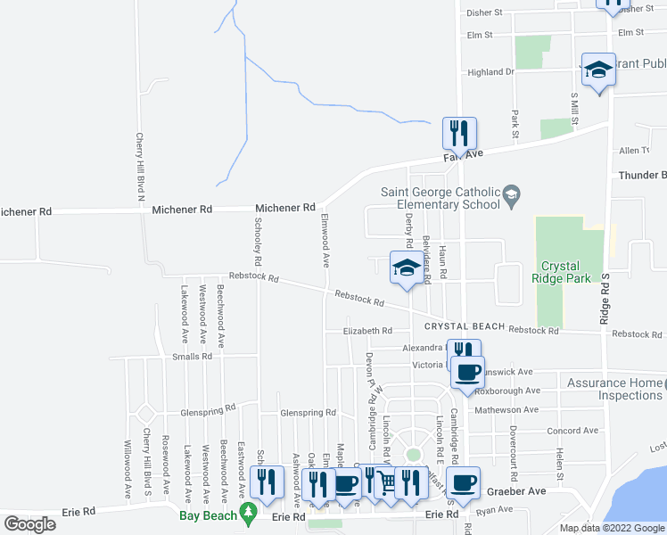 map of restaurants, bars, coffee shops, grocery stores, and more near 106 Elmwood Avenue in Fort Erie